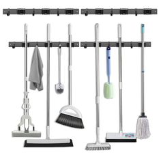 PRICES MAY VARY. MOVABLE HOOK AND RACK: The hooks and racks of the broom organizer wall mount can slide on the black track, and you can customize their spacing according to your needs to maximize the use of space. The plastic stoppers at both ends of the track can be disassembled, and the arrangement order of the hooks and racks can be adjusted after disassembly. RUGGED AND DURABLE MATERIALS: The track and hook are made of high-quality industrial grade aluminum alloy, and the surface is black an Broom Organizer, Bathroom Garden, Mop Holder, Broom Holder, Garage Laundry, Mops And Brooms, Hanging Organizer, Tool Holder, Wall Organization