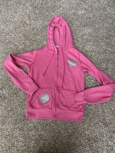 Victoria's Secret LOVE PINK small hoodie hearts peace sign zip up. Pink Y2k Hooded Hoodie, Pink Hooded Y2k Hoodie, Pink Casual Sweatshirt With Zipper, Casual Pink Hoodie With Zipper Closure, Pink Hooded Hoodie With Zipper Closure, Secret Love, Peace Sign, Nike Jacket, Hooded Jacket