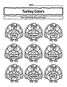 the turkey colors worksheet for kids to learn how to read and color them