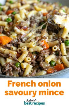 a close up of a plate of pasta with meat and vegetables on it, text reads french onion savory mince