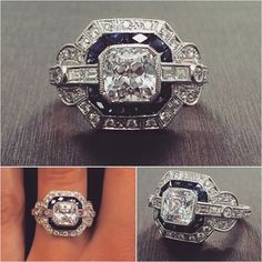 three different views of an engagement ring with diamonds and blue sapphires on each side