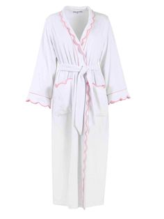 Mid-Weight white french terry classic robe with pink scalloping. With just the right amount of stretch and no added bul French Terry is the perfect robe for a cool evening at home. Designed with a classic fit for the perfect not too tailored nor too roomy look. You'll never go back to regular terry! Product Details 85% cotton and 15% polyester Fully scalloped Attached belt Interior sash ties Front pockets Washer and dryer safe Product Story While visiting my parents in Palm Beach one spring, my Pretty Robes, Terry Cloth Robe, Terry Robe, Luxury Robes, Bath Robes, White French, Wide Sleeves, Washer And Dryer, Terry Cloth