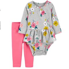 Nwt! Carter's Infant Girls Peplum Bodysuit And Pants Size: 3 Months 2-Piece Set Long Sleeves Overlap Shoulders For Easy Over The Head Strong Snaps Keep Up With Wear, Wash, Repeat Covered Elastic Waistband For A Comfy Fit Bundle & Save Pet Free/Smoke Free Home N10/N11 Baby Basics, Floral Peplum, First Baby, Cotton Pants