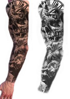 two different colored tattoos on the arms and arm, one is black and white with an image of skulls