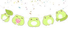 a group of green cartoon characters hanging on a string with confetti and sprinkles