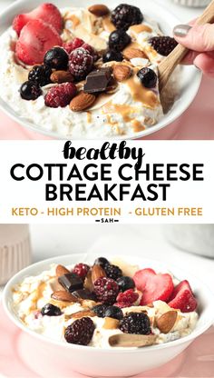 a bowl of cottage cheese breakfast with berries and almonds