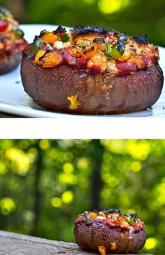 two pictures of stuffed mushrooms with different toppings