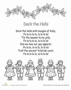 a christmas poem with four children standing in front of holly branches and the words deck the hall