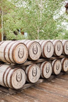 several wooden barrels stacked on top of each other