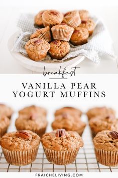 vanilla pear yogurt muffins on a cooling rack with text overlay