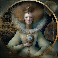 a painting of a woman holding a clock