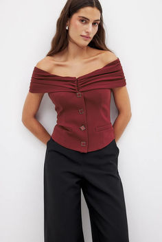 Off Shoulder Button Detail Top Chic Off-shoulder Cotton Blouse, Luxury Chic Off-shoulder Top, Red Off-shoulder Blouse For Spring, Stretch Cotton Off-shoulder Blouse, Luxury Off-shoulder Women's Blouse, Laura Jade Stone, Low Waist Jeans, Wine Top, Sleepwear Sets