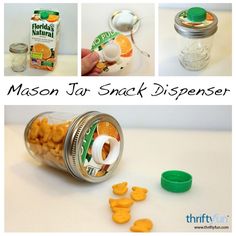 the mason jar snack dispenser is filled with oranges and cheetos