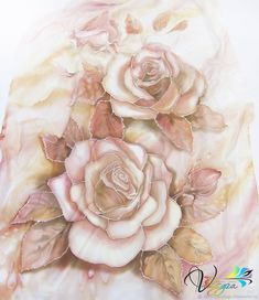 a painting of two pink roses on a white background