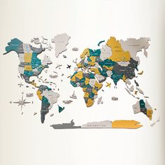 the map of the world is shown in yellow and blue