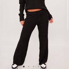 Black Luxe Rib Knit Wide Leg Pants Size Small -Brand New With Tags -Never Worn ! Casual Black Knit Bottoms, Ribbed Black Bottoms For Fall, Fall Black Ribbed Bottoms, Black Knit Bottoms For Loungewear, Solid Ribbed Bottoms For Night Out, Knit Wide Leg Pants, Flair Pants, High Waisted Cargo Pants, Flowy Wide Leg Pants