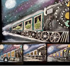 four different pictures of a train going through the night sky