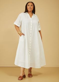 Look calm & cool in fashionable form wearing our linen and cotton-blend shirtdress made with a maxi length. Casual Cotton Maxi Dress With Button Closure, Cotton Maxi Shirt Dress For The Beach, Cotton Maxi Shirt Dress For Beach, Summer Cotton Maxi Shirt Dress, Chic Cotton Maxi Shirt Dress, Summer Cotton Button-up Maxi Dress, Chic Long Cotton Shirt Dress, Relaxed Fit Maxi Shirt Dress For Daywear, Summer Button-up Cotton Maxi Dress