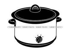 a black and white image of an empty crock pot with the lid up on it