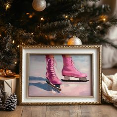 a painting of a pair of pink ice skates in front of a christmas tree