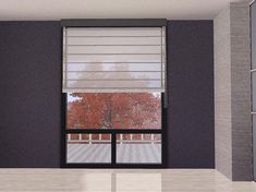 an empty room with sliding glass doors and blinds on the window sill, looking out onto a tree outside