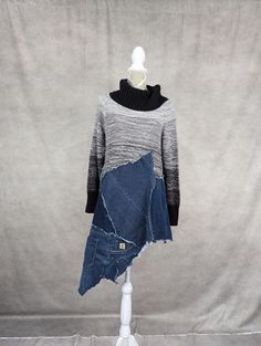 Upcycled turtleneck sweater with frayed denim patchwork detail. Bust measures 38" and length varies from 26"-37". Patchwork Turtleneck Sweater For Fall, Fall Patchwork Turtleneck Sweater, Long Sleeve Sweater With Frayed Hem For Winter, Long Sleeve Sweater With Frayed Hem For Fall, Fall Long Sleeve Sweater With Frayed Hem, Patchwork Sweater, Patchwork Skirt, Pullover Outfit, Frayed Denim