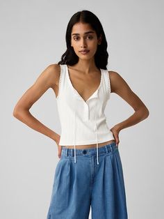 Gap × DÔEN Pointelle Tank Top | Gap Woman Vest, Toddler Summer, Winter Skirt, Fashion Capsule, Deep Love, High Rise Denim, Sleeveless Vest, Inspired Dress, White Tank Top