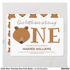 a little bear themed birthday party card with the words one on it's front