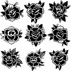 six black and white roses with leaves on them, all in different shapes and sizes