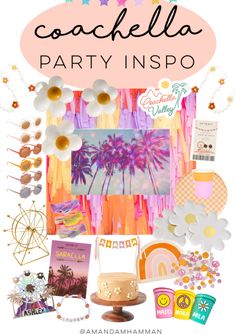 a collage of party items with the words coachella party inspo on it