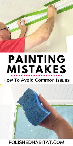 a man is painting the ceiling with green paint and sponges to remove it from the ceiling