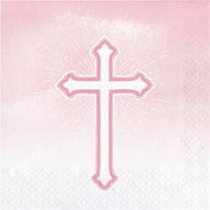 a pink and white paper napkin with a cross on the front, against a light pink background