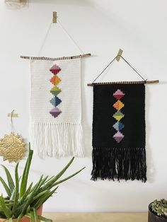 two woven wall hangings on a white wall next to a potted succulent