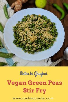 vegan green peas stir fry on a white plate