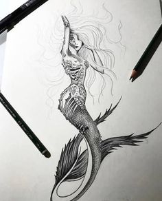 a pencil drawing of a mermaid with long hair and fish tail, holding her hand up in the air