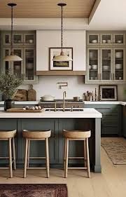 a kitchen with two stools in front of an island