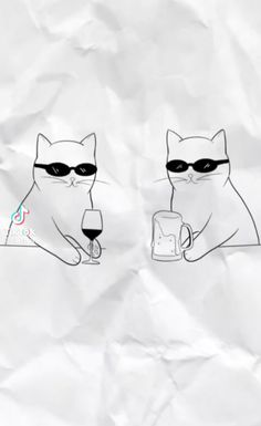 two cats wearing sunglasses and holding glasses with one cat drinking from a wine glass while the other holds a beer mug