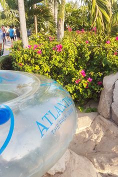 a large water bottle sitting on top of a rock