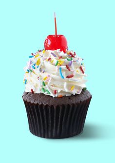 a chocolate cupcake with white frosting and sprinkles on a blue background