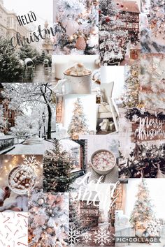 a collage of photos with christmas trees and snowflakes