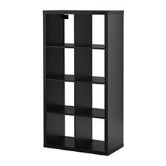 a black bookcase with four shelves on each side