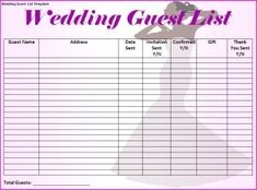 the wedding guest list is shown in purple and pink colors, with an image of a bride