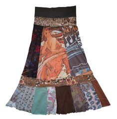 a multicolored skirt with many different designs on the front and side, including an image of a woman's torso