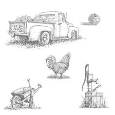 four different types of farm animals and trucks in black and white, including an old truck