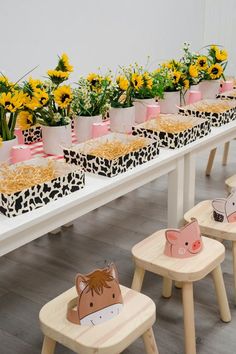 a long table with several small stools and flower pots