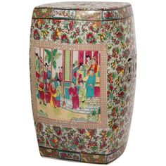 Square porcelain garden stool with a colorful Rose Medallion art design. Features a large, beautiful appliqud center framed image of an Asian courtyard scene, with surrounding patterns of a fruit, floral, and oriental object motif, fired onto the porcelain in a kiln. Porcelain is finished in a medium gloss crackle glaze. Traditional Rose Medallion panel-style art on top and bottom bands. Pierced medallions on top and sides. Distinct Asian accent table, plant stand, or decorative accent for a tra Garden Stools, Ceramic Garden Stools, Rose Medallion, Traditional Roses, Ceramic Garden, Red Ceramic, Red Lantern, Chinese Garden, Colorful Roses