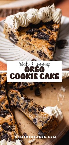 an oreo cookie cake with white frosting and chocolate chips on top is cut into slices