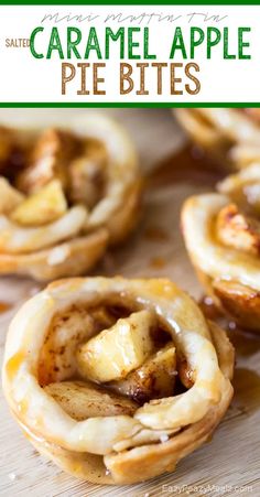 mini caramel apple pies on a cutting board with text overlay that reads salted caramel apple pie bites