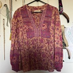 *Rare Never Worn Medium Top. Authentic Spell. Hippie V-neck Blouse For Fall, Vintage Boho Print Top For Fall, Vintage Boho Print Blouse For Fall, Fall Vintage Boho Print Tops, Bohemian Brown Long Sleeve Blouse, Bohemian Long Sleeve Brown Blouse, Brown Long Sleeve Bohemian Blouse, Hippie Brown Long Sleeve Tops, Brown Long Sleeve Festival Top