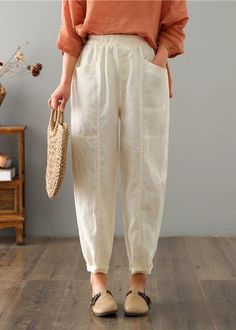 Organic Beige High Waist Harem Cotton Linen Pants Summer - Omychic Comfortable White Baggy Bottoms, Beige Bottoms With Pockets And Loosely Fitted Hips, High Waist Beige Cotton Harem Pants, Comfortable Spring Harem Pants With Pockets, White High-waisted Relaxed Fit Harem Pants, Comfortable Tapered Leg Harem Pants For Spring, Spring Tapered Leg Harem Pants With Side Pockets, Spring Harem Pants, Comfortable Baggy White Pants